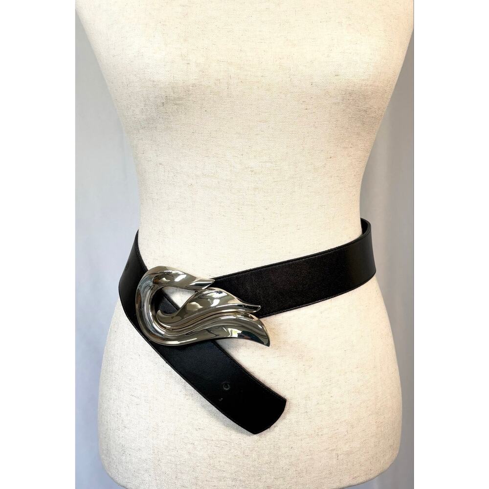 Better Belts Black Leather Prong Belt Silver Tone Swan Swirl Buckle Small VTG